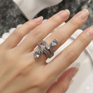 Sterling Silver Blue Topaz Marcasite Bypass Ring 925 TJ Size 7